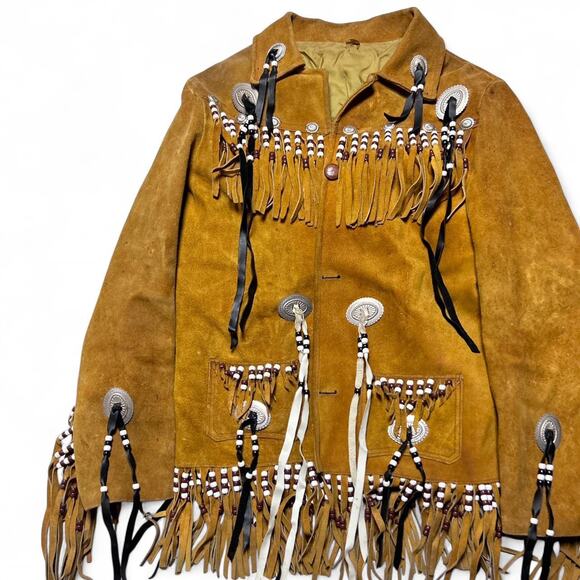Native American Vintage 70s Western Buckskin Suede Fringe Pony Bead Jacket Small - Picture 2 of 8